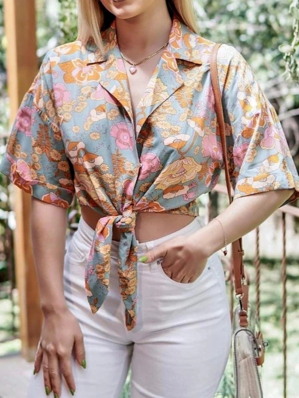 Love Notes Floral Tie-Front Crop Shirt in Blue & Pink Like New